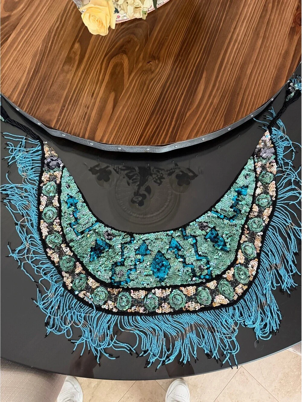 Vintage Silk Beaded & Sequin Fringe Collar Capelet Shawl Scarf Turquoise Deco